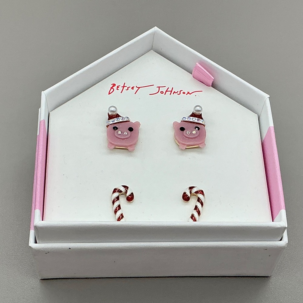 Betsey Johnson Earring Set Women Pink Christmas Pig Santa Hat Candy Cane Studs
